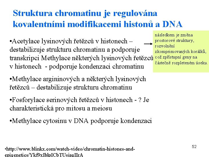 Struktura chromatinu je regulována kovalentními modifikacemi histonů a DNA následkem je změna prostorové struktury,
