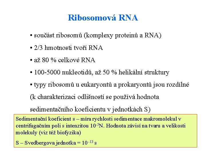 Ribosomová RNA • součást ribosomů (komplexy proteinů a RNA) • 2/3 hmotnosti tvoří RNA