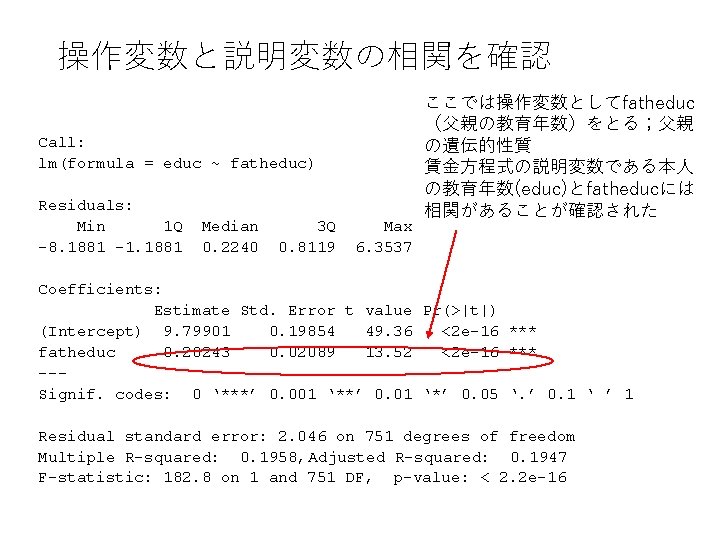 操作変数と説明変数の相関を確認 Call: lm(formula = educ ~ fatheduc) Residuals: Min 1 Q -8. 1881 -1.