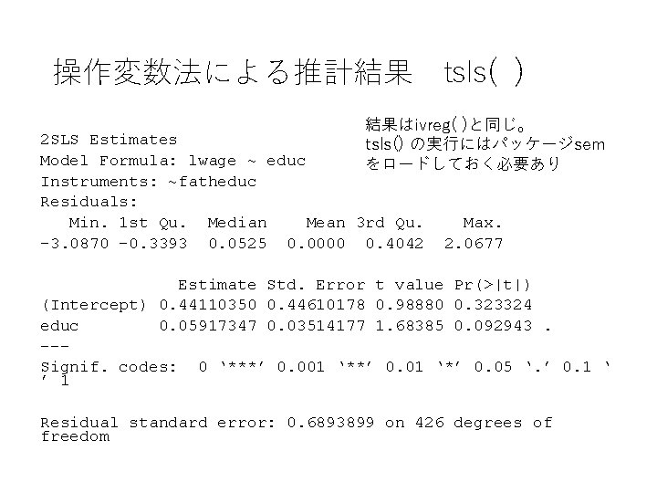 操作変数法による推計結果　tsls( ) 結果はivreg( )と同じ。 tsls() の実行にはパッケージsem をロードしておく必要あり 2 SLS Estimates Model Formula: lwage ~