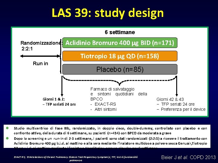 LAS 39: study design 6 settimane Randomizzazione: 2: 2: 1 Aclidinio Bromuro 400 µg