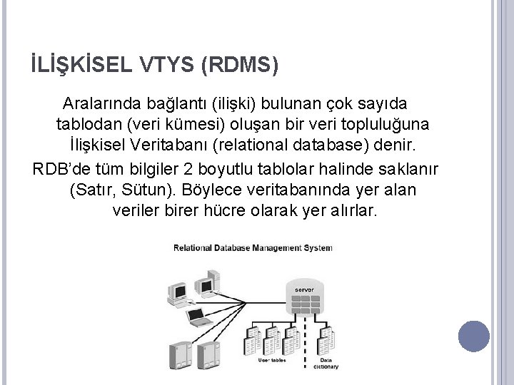 İLİŞKİSEL VTYS (RDMS) Aralarında bağlantı (ilişki) bulunan çok sayıda tablodan (veri kümesi) oluşan bir
