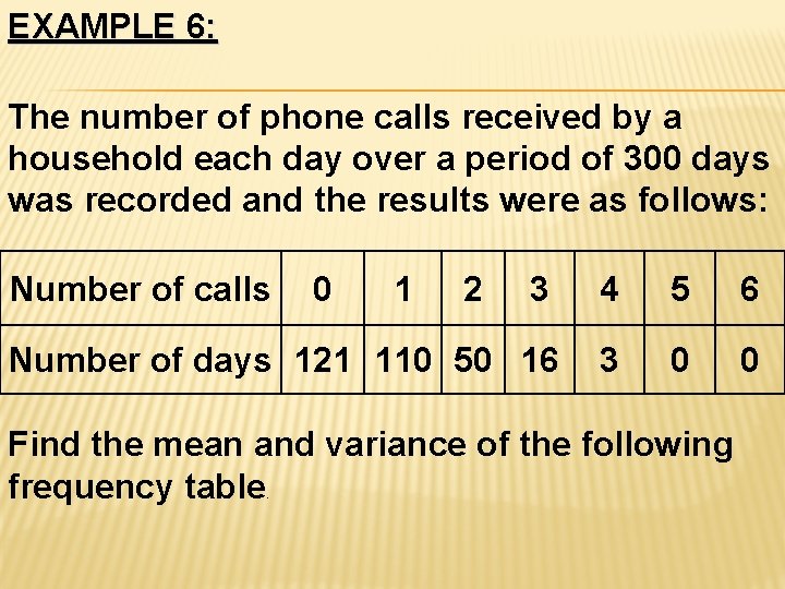 EXAMPLE 6: The number of phone calls received by a household each day over EXAMPLE 6: The number of phone calls received by a household each day over