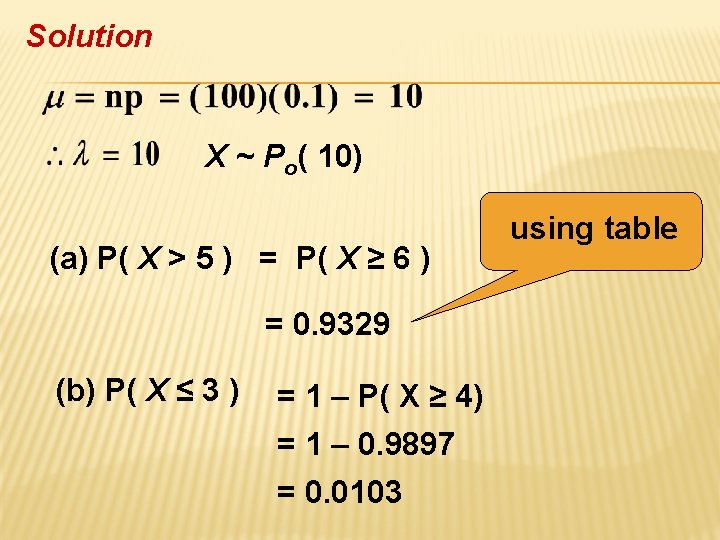 Solution X ~ Po( 10) (a) P( X > 5 ) = P( X