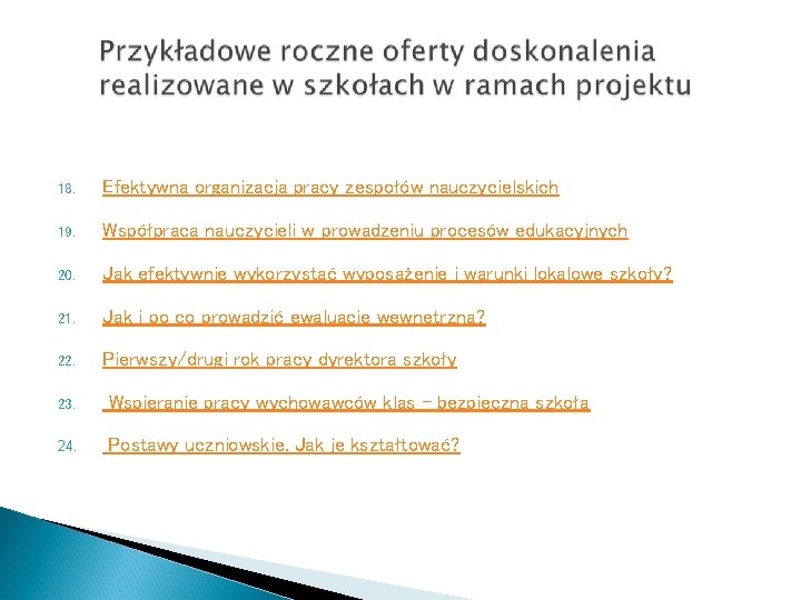 18. Efektywna organizacja pracy zespołów nauczycielskich 19. Współpraca nauczycieli w prowadzeniu procesów edukacyjnych 20.