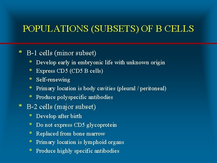 POPULATIONS (SUBSETS) OF B CELLS * B-1 cells (minor subset) * * * Develop