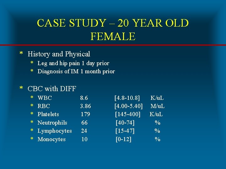 CASE STUDY – 20 YEAR OLD FEMALE * History and Physical * Leg and