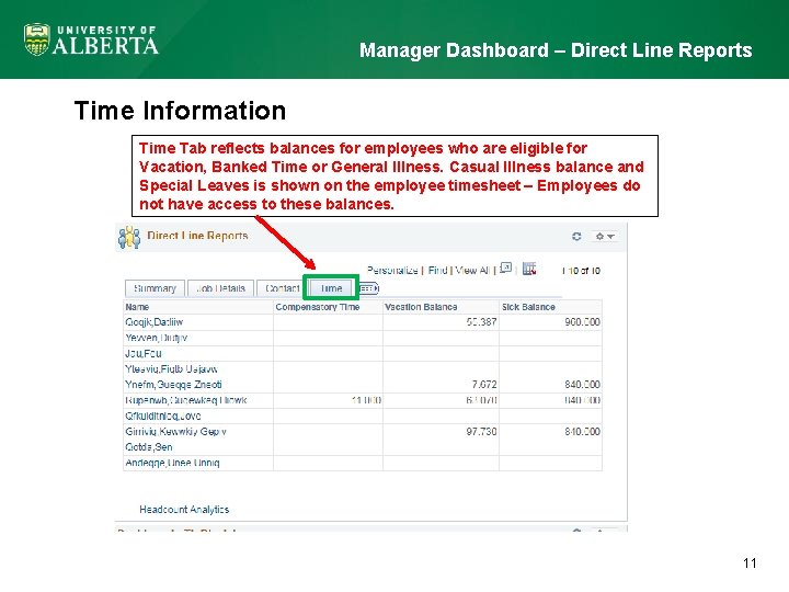 Manager Dashboard – Direct Line Reports Time Information Time Tab reflects balances for employees