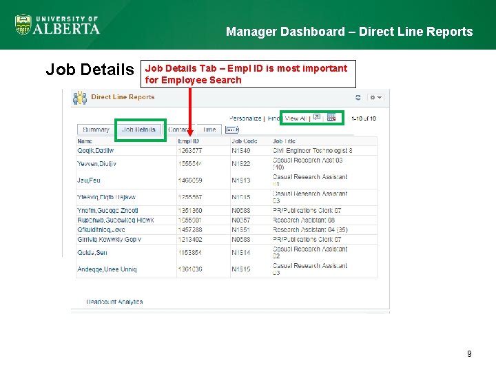 Manager Dashboard – Direct Line Reports Job Details Tab – Empl ID is most