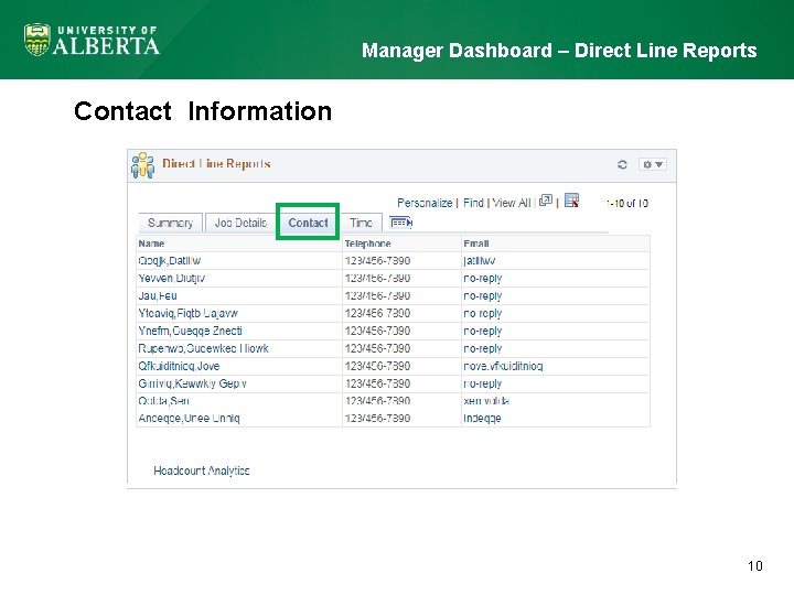 Manager Dashboard – Direct Line Reports Contact Information 10 