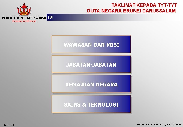 TAKLIMAT KEPADA TYT-TYT DUTA NEGARA BRUNEI DARUSSALAM KEMENTERIAN PEMBANGUNAN Bersedia Berkhidmat ISI WAWASAN DAN