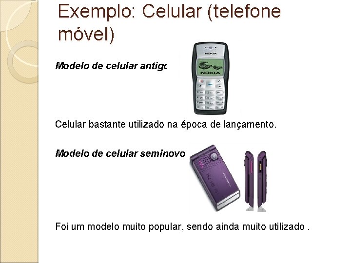 Exemplo: Celular (telefone móvel) Modelo de celular antigo Celular bastante utilizado na época de