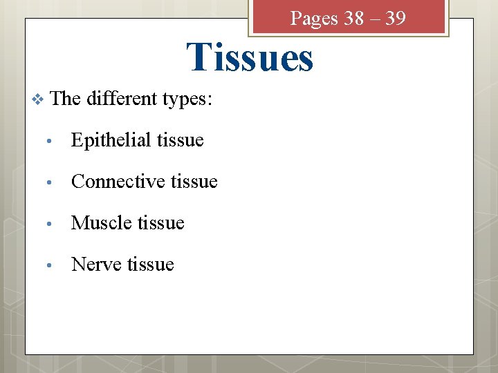 Pages 38 – 39 Tissues v The different types: • Epithelial tissue • Connective