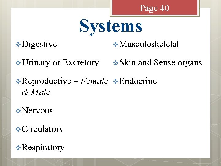 Page 40 Systems v Digestive v Musculoskeletal v Urinary v Skin or Excretory v
