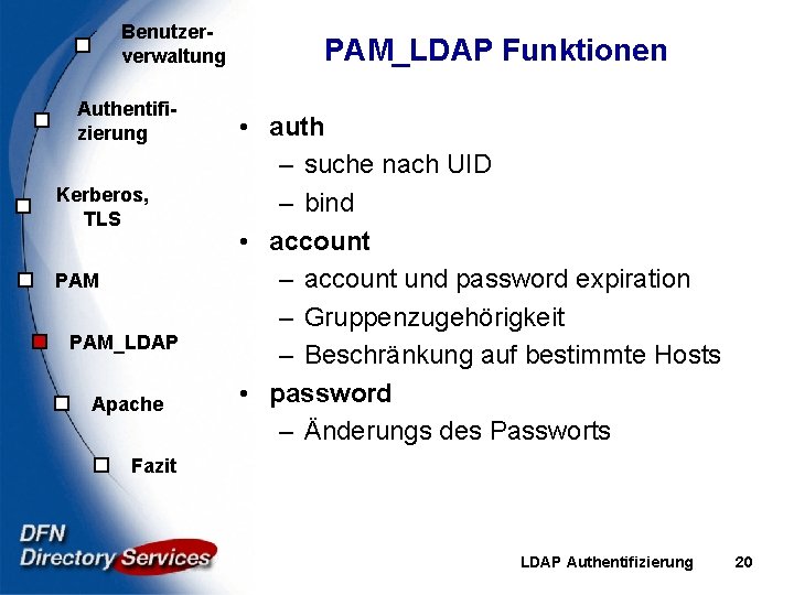 Benutzerverwaltung Authentifizierung Kerberos, TLS PAM_LDAP Apache PAM_LDAP Funktionen • auth – suche nach UID