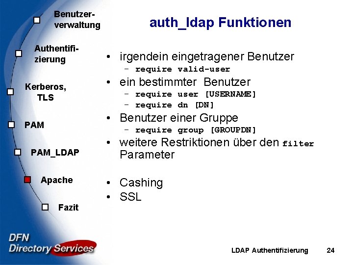 Benutzerverwaltung Authentifizierung Kerberos, TLS auth_ldap Funktionen • irgendein eingetragener Benutzer – require valid-user •