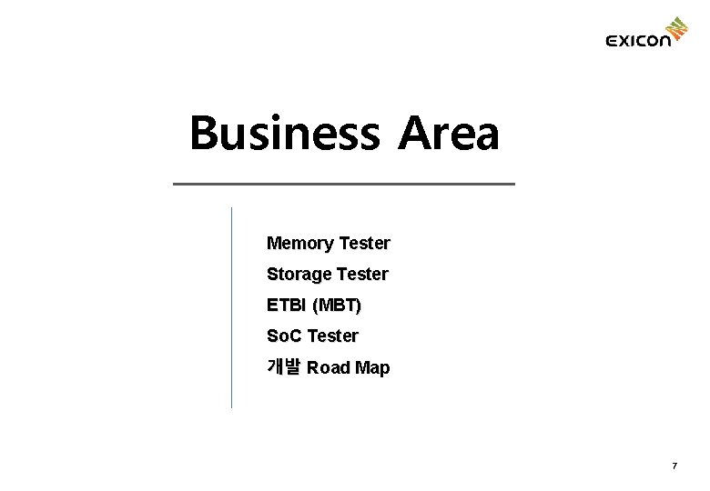 Business Area Memory Tester Storage Tester ETBI (MBT) So. C Tester 개발 Road Map