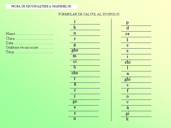 PROBA DE RECUNOAŞTERE A GRAFEMELOR FORMULAR DE CALCUL AL SCORULUI Nume. . . .