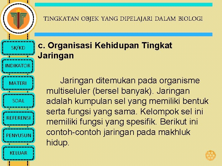 TINGKATAN OBJEK YANG DIPELAJARI DALAM BIOLOGI SK/KD c. Organisasi Kehidupan Tingkat Jaringan INDIKATOR MATERI
