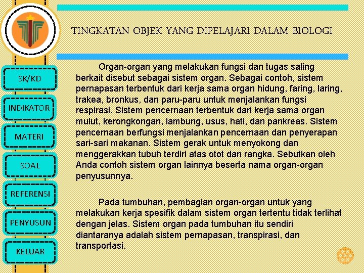 TINGKATAN OBJEK YANG DIPELAJARI DALAM BIOLOGI SK/KD INDIKATOR MATERI SOAL REFERENSI PENYUSUN KELUAR Organ-organ