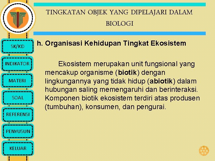 TINGKATAN OBJEK YANG DIPELAJARI DALAM BIOLOGI SK/KD INDIKATOR MATERI SOAL REFERENSI PENYUSUN KELUAR h.