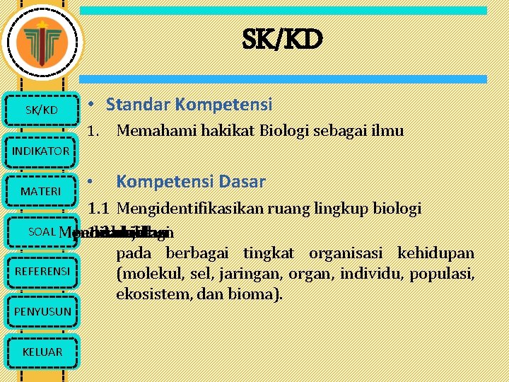 SK/KD • Standar Kompetensi 1. Memahami hakikat Biologi sebagai ilmu • Kompetensi Dasar INDIKATOR