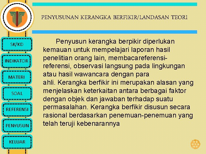 PENYUSUNAN KERANGKA BERFIKIR/LANDASAN TEORI SK/KD INDIKATOR MATERI SOAL REFERENSI PENYUSUN KELUAR Penyusun kerangka berpikir