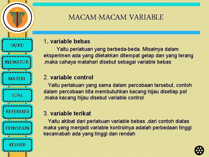 MACAM-MACAM VARIABLE SK/KD INDIKATOR MATERI SOAL 1. variable bebas Yaitu perlakuan yang berbeda-beda. Misalnya