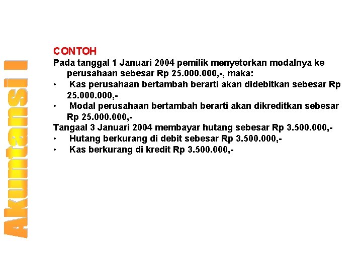 CONTOH Pada tanggal 1 Januari 2004 pemilik menyetorkan modalnya ke perusahaan sebesar Rp 25.