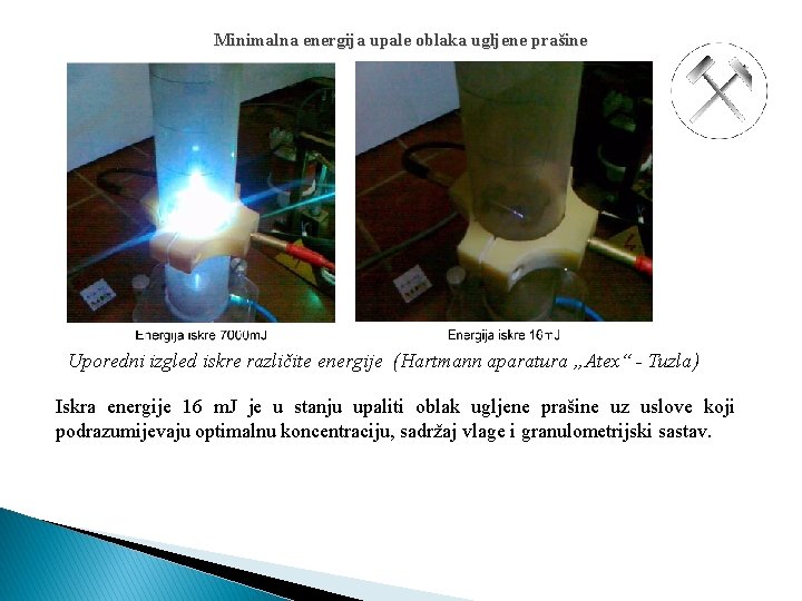 Minimalna energija upale oblaka ugljene prašine Uporedni izgled iskre različite energije (Hartmann aparatura „Atex“