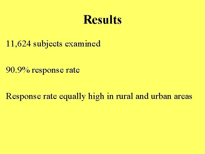 Results 11, 624 subjects examined 90. 9% response rate Response rate equally high in
