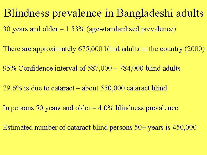 Blindness prevalence in Bangladeshi adults 30 years and older – 1. 53% (age-standardised prevalence)