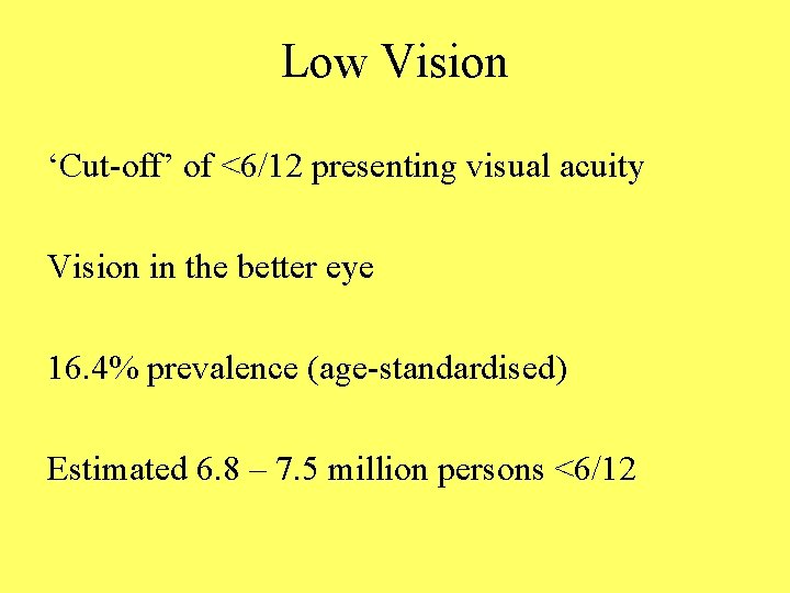 Low Vision ‘Cut-off’ of <6/12 presenting visual acuity Vision in the better eye 16.