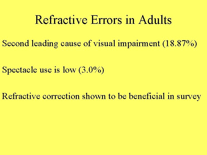 Refractive Errors in Adults Second leading cause of visual impairment (18. 87%) Spectacle use