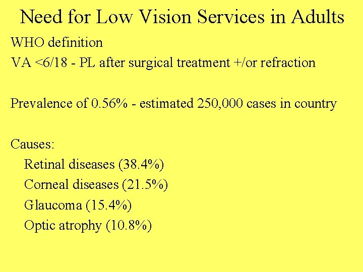 Need for Low Vision Services in Adults WHO definition VA <6/18 - PL after
