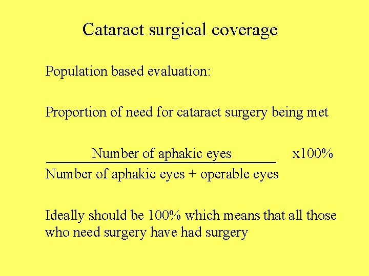 Cataract surgical coverage Population based evaluation: Proportion of need for cataract surgery being met