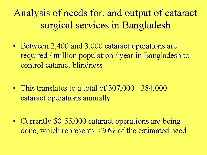 Analysis of needs for, and output of cataract surgical services in Bangladesh • Between