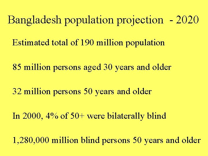 Bangladesh population projection - 2020 Estimated total of 190 million population 85 million persons