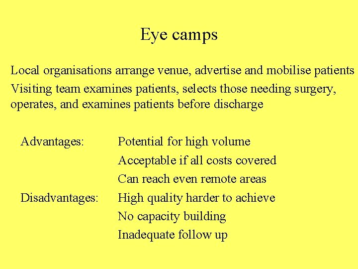 Eye camps Local organisations arrange venue, advertise and mobilise patients Visiting team examines patients,