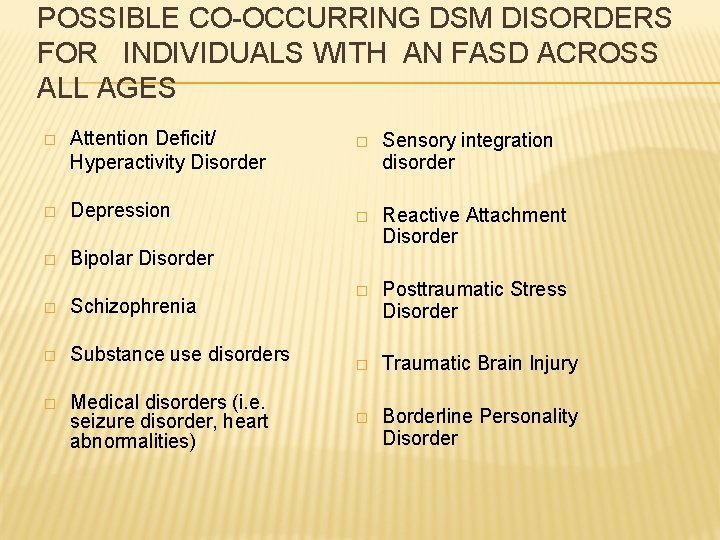 POSSIBLE CO-OCCURRING DSM DISORDERS FOR INDIVIDUALS WITH AN FASD ACROSS ALL AGES � Attention