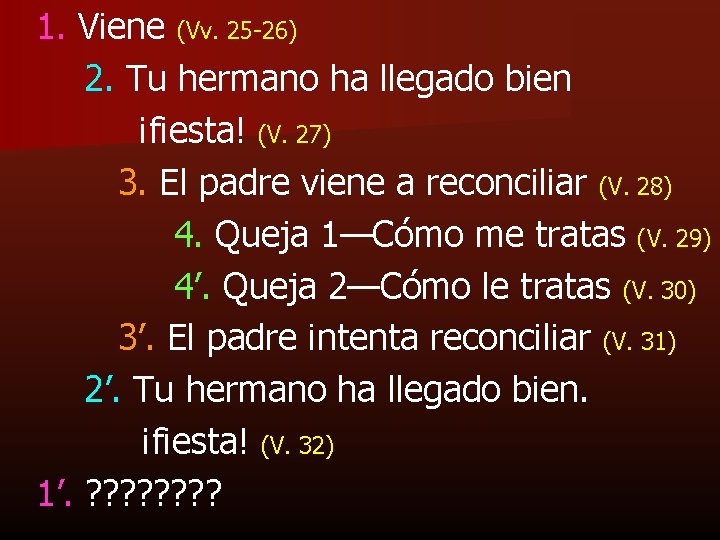 1. Viene (Vv. 25 -26) 2. Tu hermano ha llegado bien ¡fiesta! (V. 27)