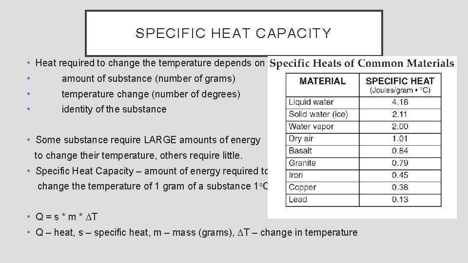 SPECIFIC HEAT CAPACITY • Heat required to change the temperature depends on • amount