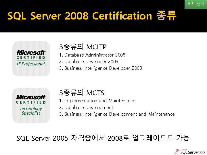 목차 보기 SQL Server 2008 Certification 종류 3종류의 MCITP 1. Database Administrator 2008 2.