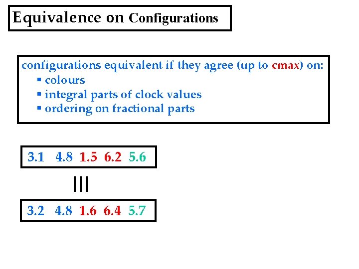 Equivalence on Configurations configurations equivalent if they agree (up to cmax) on: § colours
