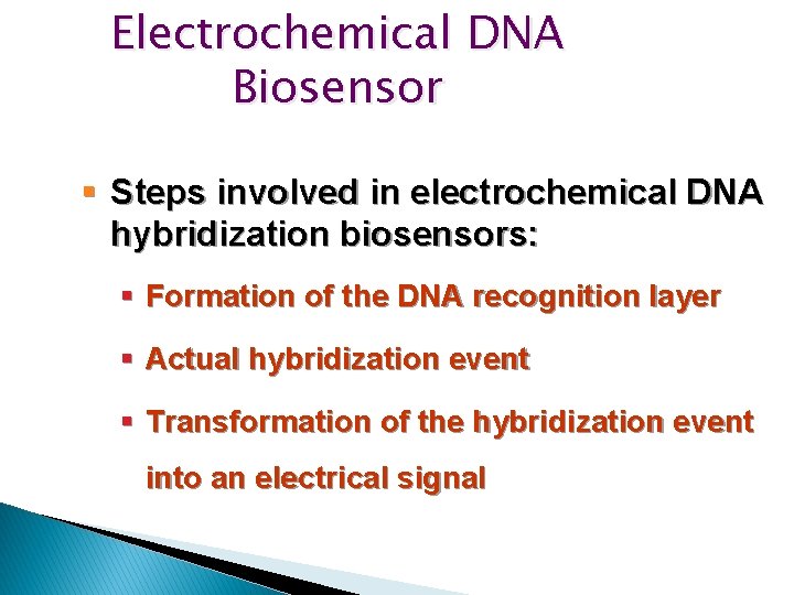Electrochemical DNA Biosensor § Steps involved in electrochemical DNA hybridization biosensors: § Formation of Electrochemical DNA Biosensor § Steps involved in electrochemical DNA hybridization biosensors: § Formation of