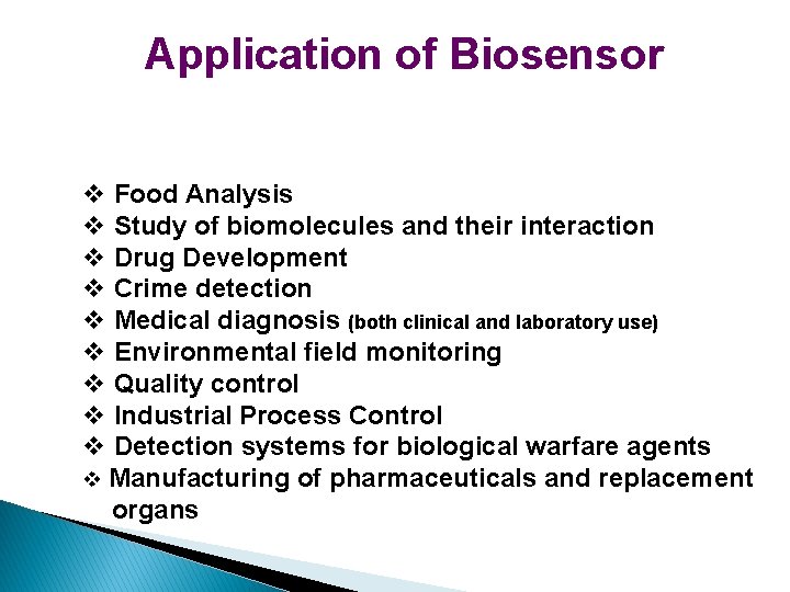 Application of Biosensor v Food Analysis v Study of biomolecules and their interaction v Application of Biosensor v Food Analysis v Study of biomolecules and their interaction v