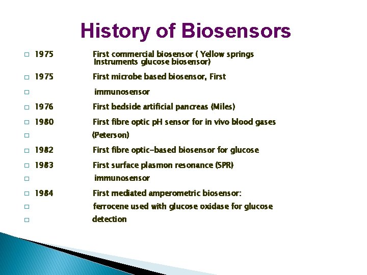 History of Biosensors � 1975 First commercial biosensor ( Yellow springs Instruments glucose biosensor) History of Biosensors � 1975 First commercial biosensor ( Yellow springs Instruments glucose biosensor)