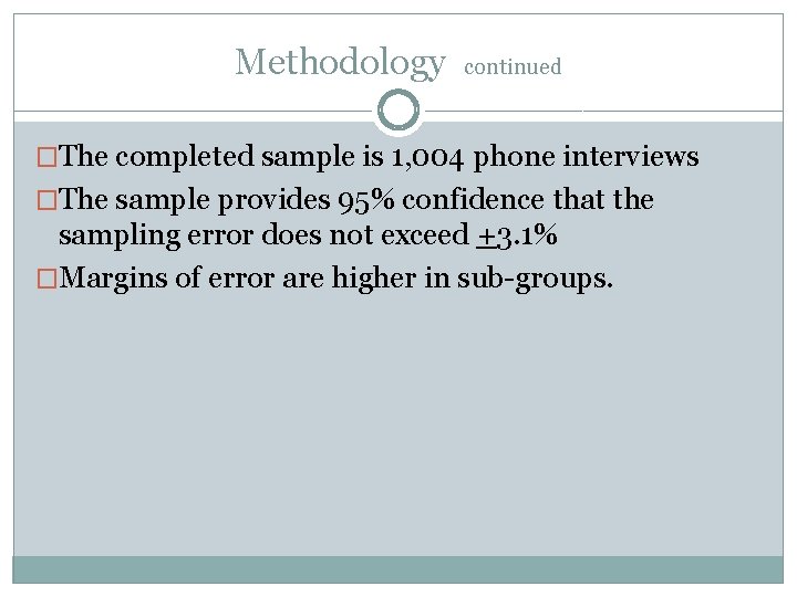 Methodology continued �The completed sample is 1, 004 phone interviews �The sample provides 95%