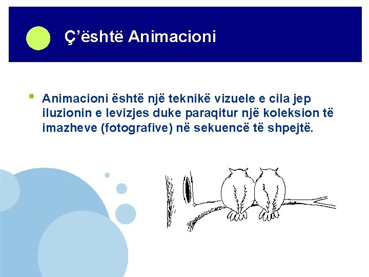 Company LOGO • Përmbajtja Ç’është Animacioni është një teknikë vizuele e cila jep iluzionin