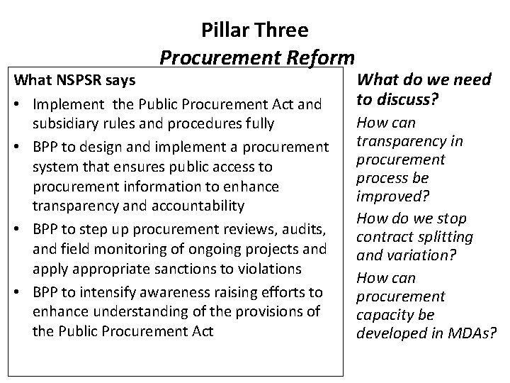 Pillar Three Procurement Reform What NSPSR says • Implement the Public Procurement Act and